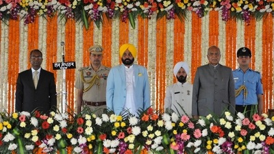 Bhagwant Mann's oath-taking ceremony took place on March 16 at Khatkar Kalan, the ancestral village of freedom fighter Bhagat Singh in Punjab’s Shaheed Bhagat Singh (SBS) Nagar district. (HT Photo/Ravi Kumar)