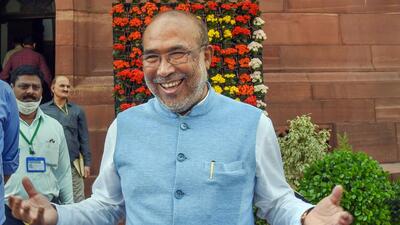 Manipur Caretaker Chief Minister N. Biren Singh at Parliament House Complex during the second part of the Budget Session of Parliament in New Delhi on Wednesday. (PTI PHOTO.) Manipur Caretaker Chief Minister N. Biren Singh at Parliament House Complex during the second part of the Budget Session of Parliament in New Delhi on Wednesday. (PTI PHOTO.)