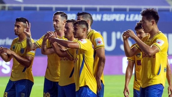 Goa: Kerala Blasters FC players celebrates a goal during an ISL match between Kerala Blasters FC and Chennaiyin FC at the Tilak Maidan Stadium, Goa, Feb 26, 2022. (PTI Photo) (PTI02_26_2022_000311A)(PTI) Goa: Kerala Blasters FC players celebrates a goal during an ISL match between Kerala Blasters FC and Chennaiyin FC at the Tilak Maidan Stadium, Goa, Feb 26, 2022. (PTI Photo) (PTI02_26_2022_000311A)(PTI)
