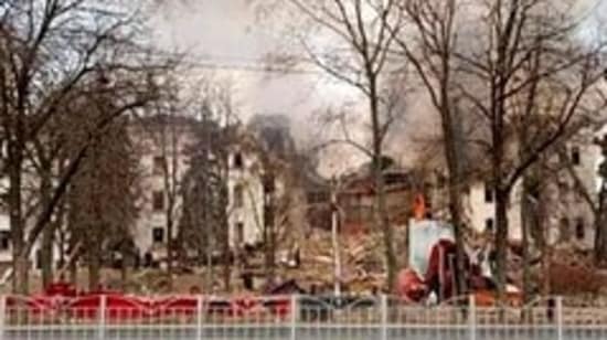 This photo released by Donetsk Regional Civil-Military Administration Council on Wednesday, March 16, 2022 shows the Drama Theatre, damaged after shelling, in Mariupol, Ukraine. (Donetsk Regional Civil-Military Administration Council via AP)(AP)