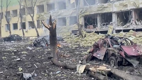 Debris is seen on site of the destroyed Mariupol children's hospital as Russia's Mariupol, Ukraine on March 9, 2022.&nbsp;(via Reuters)