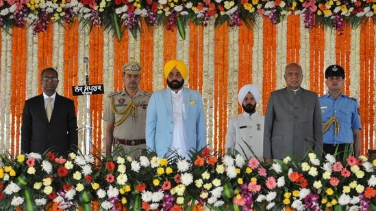 Bhagwant Mann's oath-taking ceremony took place on March 16 at Khatkar Kalan, the ancestral village of freedom fighter Bhagat Singh in Punjab’s Shaheed Bhagat Singh (SBS) Nagar district.(HT Photo/Ravi Kumar)