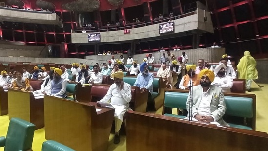 Punjab chief minister Bhagwant Mann looking on as MLAs were administered the oath by protem speaker Dr Inderbir Singh Nijjar at the Vidhan Sabha on Thursday. (Ravi Kumar/HT)