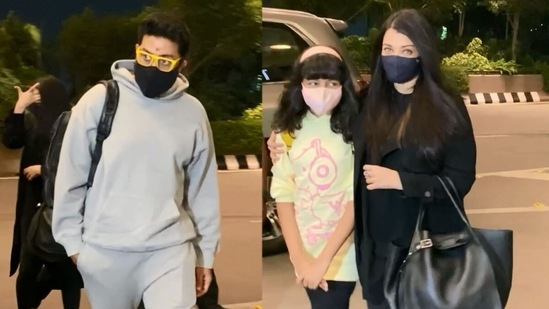 Abhishek Bachchan, Aishwarya Rai and Aaradhya Bachchan at Mumbai airport.&nbsp;