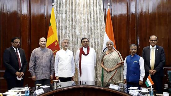 Union finance minister Nirmala Sitharaman and external affairs minister S Jaishankar meet Sri Lankan finance minister Basil Rajapaksa to discuss the wide-ranging issues of Mutual Interest and Economic Cooperation, in New Delhi on Thursday. (ANI)