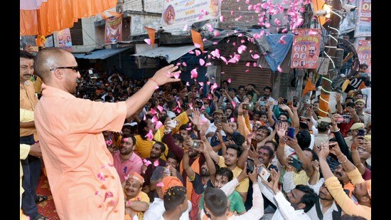 Chief Minister Yogi Adityanath participated in the “Holika dahan” festival in Gorakhpur on Thursday. On Saturday he would lead the traditional Holi procession. (Sourced)