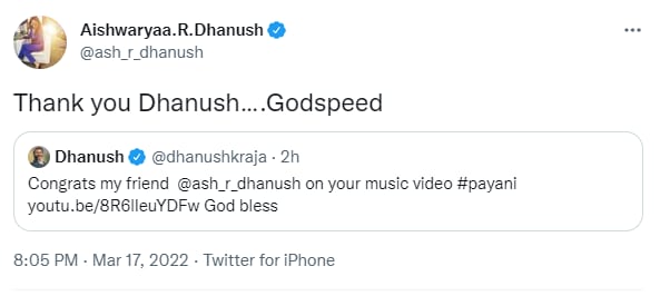 Aishwaryaa reacts to ex-husband Dhanush's post.