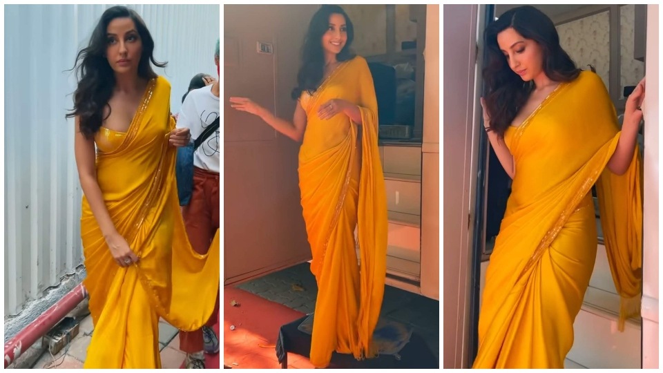 Nora Fatehi stuns in a chiffon yellow saree.&nbsp;