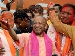 Yogi Adityanath celebrating BJP's win in the UP assembly elections, on March 10. Yogi Adityanath celebrating BJP's win in the UP assembly elections, on March 10.