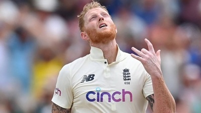 England's Ben Stokes after reaching ton against West Indies (Twitter)