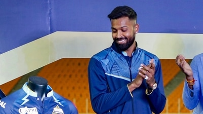 Gujarat Titans captain Hardik Pandya, during the launch of the jersey of Gujarat Titans, at Narendra Modi stadium in Ahmedabad, Sunday. (PTI) Gujarat Titans captain Hardik Pandya, during the launch of the jersey of Gujarat Titans, at Narendra Modi stadium in Ahmedabad, Sunday. (PTI)