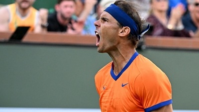 Rafael Nadal (ESP) celebrates after winning a point in his quarterfinal match as he defeated Nick Kyrgios (AUS)&nbsp; (USA TODAY Sports)