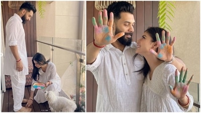 Suraj Nambiar and Mouni Roy celebrate Holi at home. Suraj Nambiar and Mouni Roy celebrate Holi at home.
