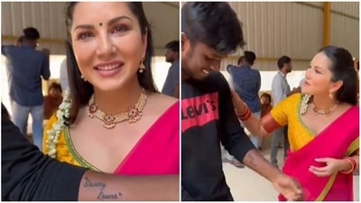 Sunny Leone with her fan. Sunny Leone with her fan.