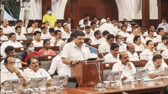 Tamil Nadu Finance Minister Palanivel Thiaga Rajan presents the state budget for the financial year 2022-23 in the assembly at Fort St George in Chennai on Friday. (PTI PHOTO.)