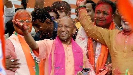 Yogi Adityanath celebrating BJP's win in the UP assembly elections, on March 10.