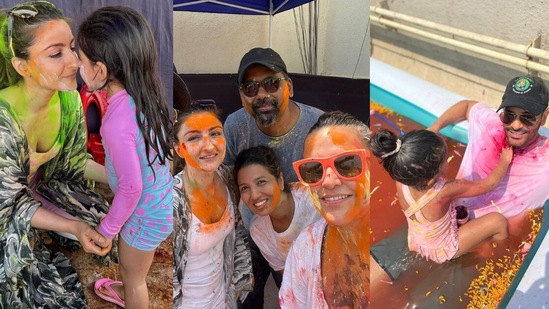 Neha Dhupia and Soha Ali Khan celebrated Holi together.