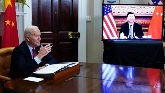 A file photo of President Joe Biden's virtual meet with Chinese President Xi Jinping from the Roosevelt Room of the White House in Washington(AP)