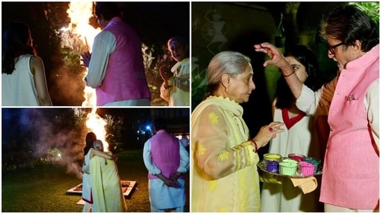 Amitabh Bachchan applies tilak on wife Jaya Bachchan's forehead.