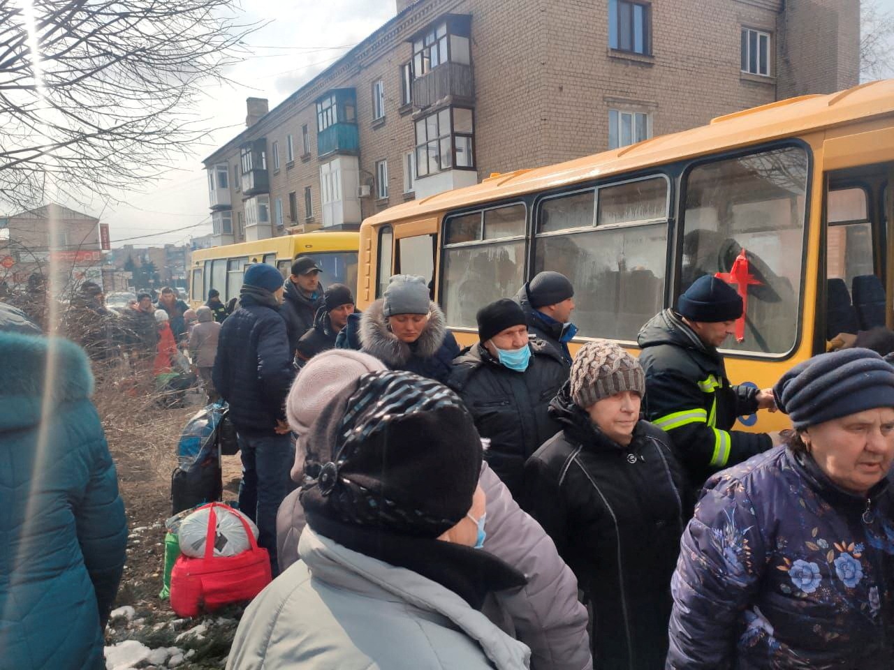 People fleeing Russia's invasion get on a bus to be evacuated by the Donetsk Regional Administration from Pokrovsk, in Donetsk region, Ukraine on March 17, 2022.&nbsp; (via Reuters)