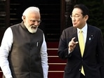 Prime Minister Narendra Modi on Saturday met Japanese Prime Minister Fumio Kishida at Hyderabad House in Delhi ahead of the 14th India-Japan Annual Summit.(ANI)