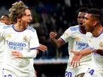 Real Madrid's Luka Modric, left, celebrates with teammate Mariano Diaz after scoring during the Spanish La Liga soccer match between Real Madrid and Real Sociedad at the Bernabeu stadium in Madrid, Spain, Saturday.(AP) Real Madrid's Luka Modric, left, celebrates with teammate Mariano Diaz after scoring during the Spanish La Liga soccer match between Real Madrid and Real Sociedad at the Bernabeu stadium in Madrid, Spain, Saturday.(AP)