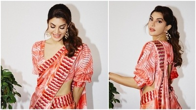 For an earlier promotional event of Bachchhan Paandey, the Kick actor wore a gorgeous orange printed saree. (Instagram/@jacquelinef143) For an earlier promotional event of Bachchhan Paandey, the Kick actor wore a gorgeous orange printed saree. (Instagram/@jacquelinef143)
