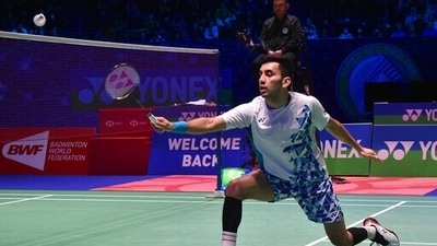 India's Lakshya Sen competes against Malaysia's Lee Zii Jia during their men's singles semifinal match at the All England Open Badminton Championships in Birmingham, England, (AP)