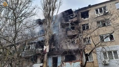 A view shows a residential building damaged by shelling, amid the Russian invasion of Ukraine, in Mykolaiv, Ukraine, in this handout picture released March 7 (Reuters)