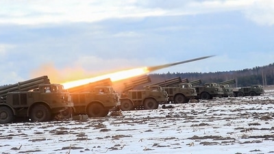 This handout video grab released by the Russian Defence Ministry on February 12, shows rocket launcher systems Uragan (Hurricane) during joint exercises of the armed forces of Russia and Belarus as part of an inspection of the Union State's Response Force, at a firing range near Brest (AFP)