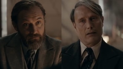 Jude Law and Mads Mikkelsen as Albus Dumbledore and Gellert Grindelwald respectively in Fantastic Beasts: The Secrets of Dumbledore. Jude Law and Mads Mikkelsen as Albus Dumbledore and Gellert Grindelwald respectively in Fantastic Beasts: The Secrets of Dumbledore.