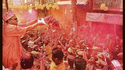 Yogi Adityanath participates in the 'Narsingh Shobha Yatra', a part of the Holi festival celebrations, in Gorakhpur on Saturday. (HT Photo) Yogi Adityanath participates in the 'Narsingh Shobha Yatra', a part of the Holi festival celebrations, in Gorakhpur on Saturday. (HT Photo)