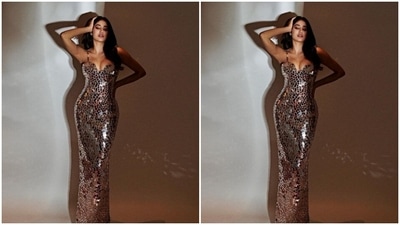 Janhvi’s slip-in gown came in shades of silver and maroon glass work and midriff-baring details. (Instagram/@janhvikapoor)