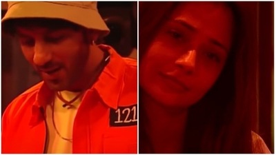 Ali Mercchant and Sara Khan during a task on reality TV show Lock Upp. Ali Mercchant and Sara Khan during a task on reality TV show Lock Upp.