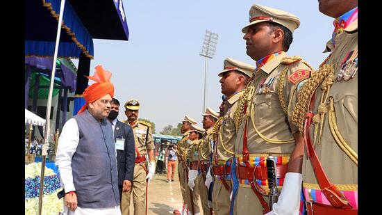 Union home minister Amit Shah inspects Central Reserve Police Force (CRPF) personnel during the 83rd Raising Day celebrations at Maulana Azad Stadium, in Jammu on Saturday. (ANI)