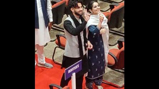 Chief minister Bhagwant Mann's children Seerat and Dilshan at the ceremony in Chandigarh on Saturday.  (Sanjeev Sharma/HT)