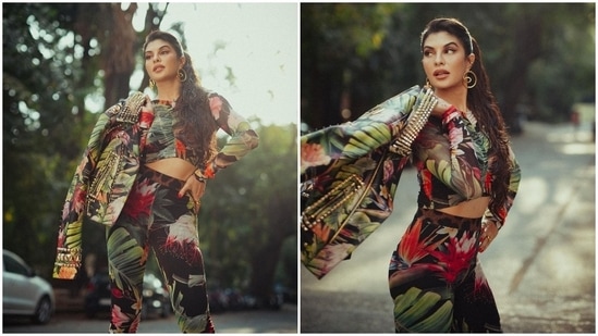 For her first Attack promotional event, Jacqueline Fernandez r went all out and opted for multi-coloured floral printed separates teamed with a jacket of the same material.(Instagram/@jacquelinef143)