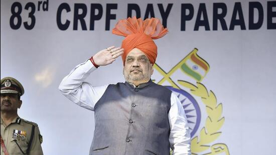 Union home minister Amit Shah addressed CRPF’s 83rd raising day parade at the MA Stadium in Jammu on Saturday. (PTI)