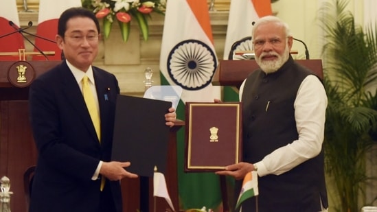 Prime Minister Narendra Modi with his Japanese counterpart Fumio Kishida at the Hyderabad House in New Delhi(HT/Raj K Raj) Prime Minister Narendra Modi with his Japanese counterpart Fumio Kishida at the Hyderabad House in New Delhi(HT/Raj K Raj)