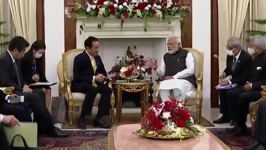 Prime Minister Narendra Modi holds bilateral meet with Japanese prime minister Fumio Kishida(Twitter/ANI) Prime Minister Narendra Modi holds bilateral meet with Japanese prime minister Fumio Kishida(Twitter/ANI)