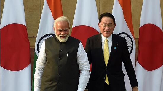 Prime Minister Narendra Modi with Japanese Prime Minister Fumio Kishida, at Hyderabad House, in New Delhi on Saturday. (HT photo)