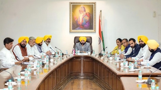 Punjab chief minister Bhagwant Mann with his cabinet ministers during the first cabinet meeting, in Chandigarh. (PTI Photo)
