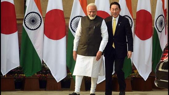 Prime Minister Narendra Modi and Prime Minister of Japan Fumio Kishida during a joint press conference at Hyderabad House in New Delhi on Saturday. (Raj K Raj/HT PHOTO.)