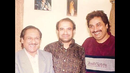 Kumar Sanu with Ustad Ghulam Ali and Suresh Wadkar during a recording