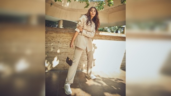 Pooja Hegde merged street and formal style for this uber-cool look. She pulled her sleeves up for the street style touch.(Instagram/@hegdepooja)