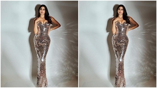 Janhvi played muse to fashion designer Manish Malhotra and picked a glossy and shimmery gown from his wardrobe.(Instagram/@janhvikapoor)