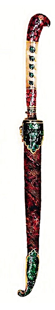 A 17th-century fruit knife with a jade hilt, inlaid with precious stones, crafted to resemble the head of a parrot perched on gold leaves. The knife is said to have belonged to Mughal empress Nur Jahan, wife of the fourth Mughal emperor Jahangir. (Image courtesy Salar Jung Museum) A 17th-century fruit knife with a jade hilt, inlaid with precious stones, crafted to resemble the head of a parrot perched on gold leaves. The knife is said to have belonged to Mughal empress Nur Jahan, wife of the fourth Mughal emperor Jahangir. (Image courtesy Salar Jung Museum)
