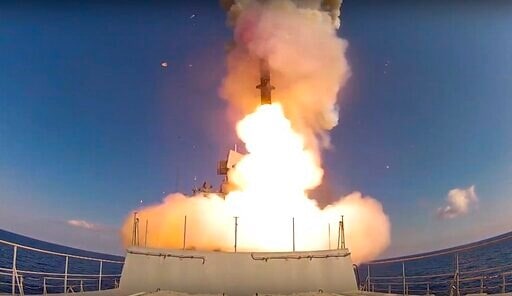 In this image provided by Russian Defense Ministry Press Service and released on June 23, 2017, long-range Kalibr cruise missiles are launched by a Russian Navy ship in the eastern Mediterranean (AP)