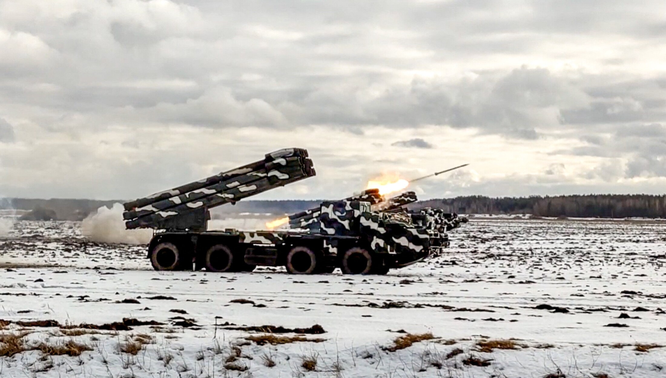 This handout video grab released by the Russian Defence Ministry on February 12 shows rocket launcher systems Smerch (Tornado) during joint exercises of the armed forces of Russia and Belarus as part of an inspection of the Union State's Response Force, at a firing range near Brest (AFP)