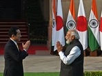 Japan's Prime Minister Fumio Kishida (L) and PM Narendra Modi gesture as they pose for pictures before their meeting at the lawns of the Hyderabad House in New Delhi. (AFP) Japan's Prime Minister Fumio Kishida (L) and PM Narendra Modi gesture as they pose for pictures before their meeting at the lawns of the Hyderabad House in New Delhi. (AFP)